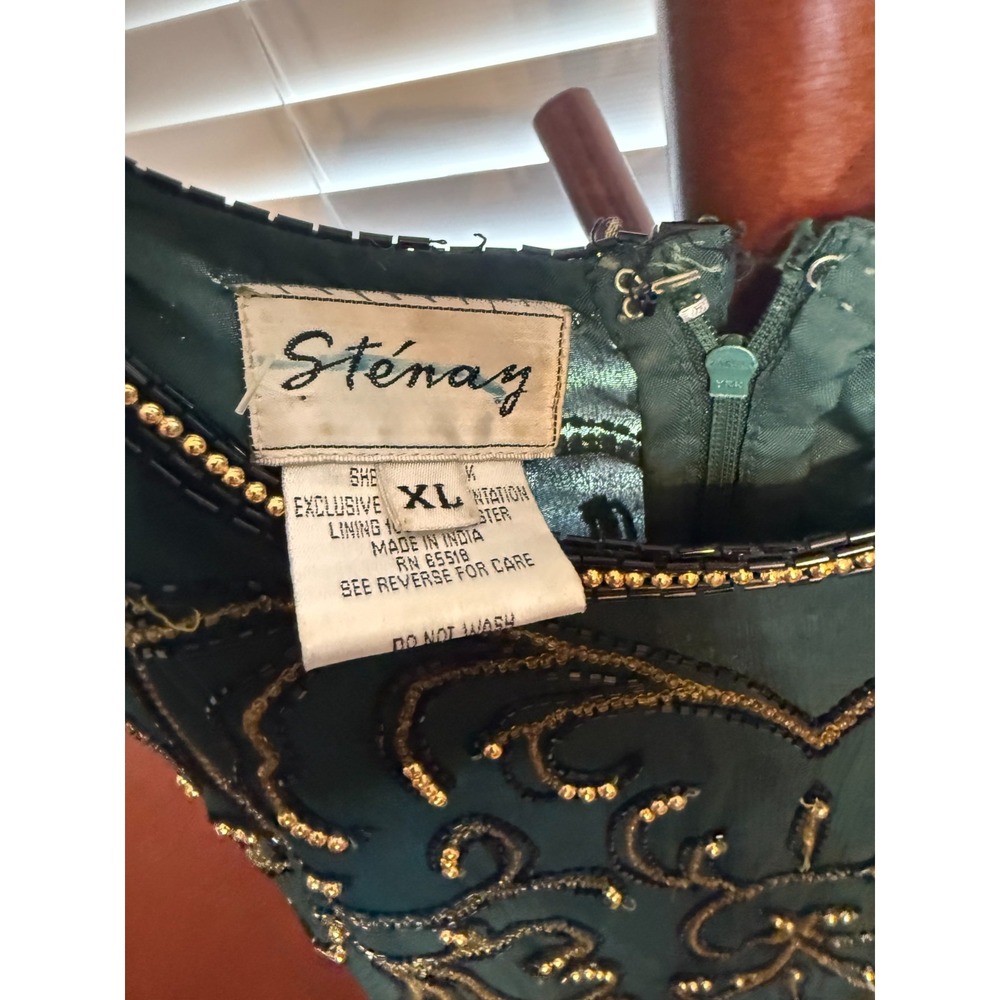 Vintage Stenay Dress Womens XL Green Silk Beaded Gold Black Formal Evening 80s - Picture 8 of 8